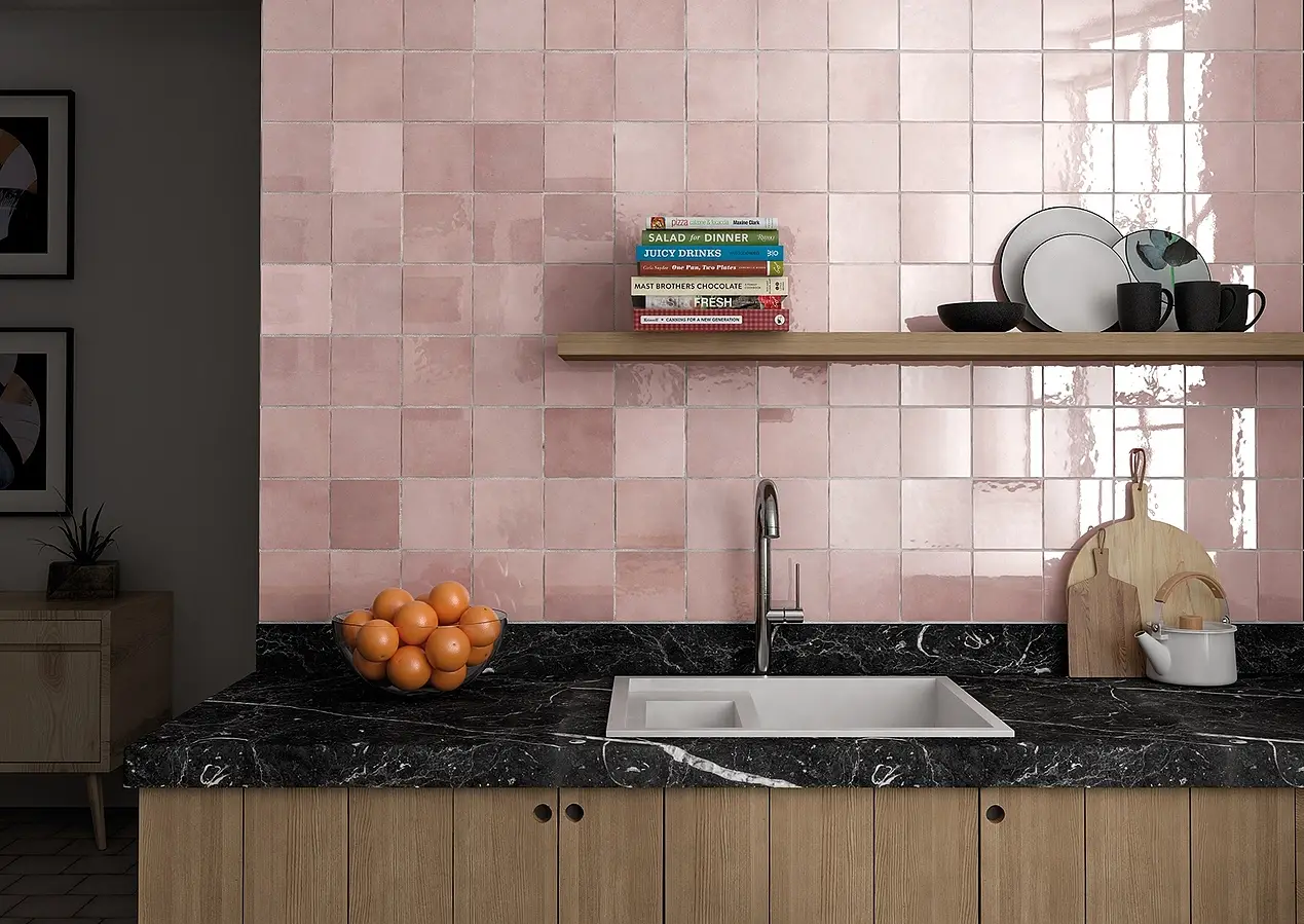 Background tile, Color pink, Style zellige, Ceramics, 13.2x13.2 cm, Finish glossy