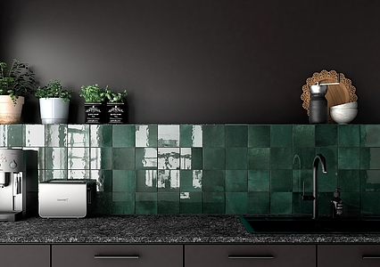 Background tile, Color green, Style handmade,zellige, Ceramics, 13.2x13.2 cm, Finish glossy