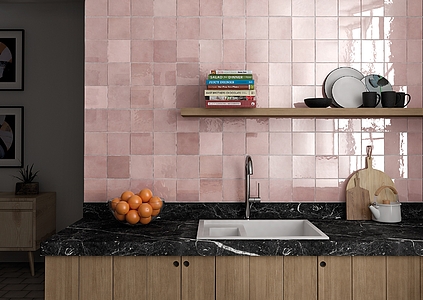 Background tile, Color pink, Style handmade,zellige, Ceramics, 13.2x13.2 cm, Finish glossy