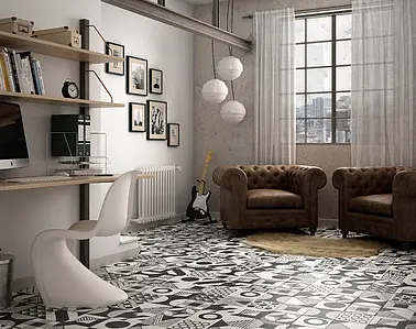 Background tile, Color black & white, Style patchwork, Glazed porcelain stoneware, 20x20 cm, Finish matte