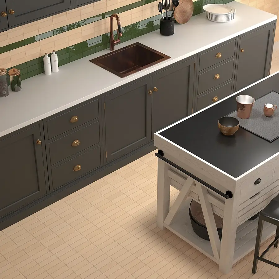 Background tile, Color green, Style zellige, Glazed porcelain stoneware, 5x15 cm, Finish glossy