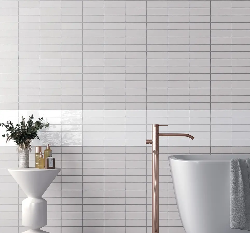 Background tile, Color white, Style zellige, Glazed porcelain stoneware, 5x15 cm, Finish glossy
