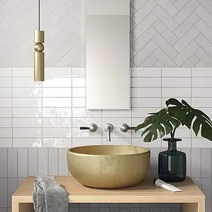 Background tile, Effect unicolor, Color white, Style zellige, Glazed porcelain stoneware, 5x15 cm, Finish glossy