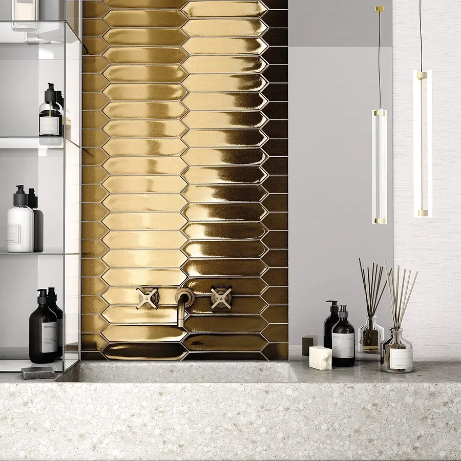 Background tile, Effect gold and precious metals,crackle glaze, Color yellow, Ceramics, 5x25 cm, Finish matte