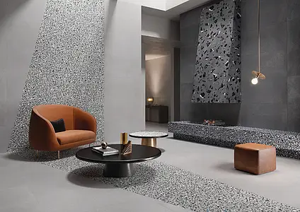 Effect terrazzo look, Kleur grijze, Basistegels, Ongeglazuurd porseleinen steengoed, 60x120 cm, Oppervlak antislip 