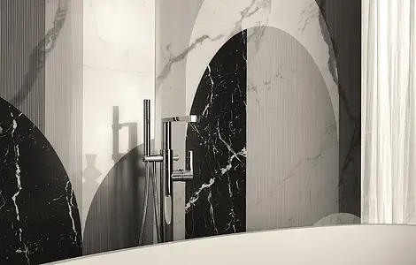 Koristelaatta, Teema luonnonkivi,other marbles, Väri musta & valkoinen, Lasittamaton porcellanato, 120x278 cm, Pinta kiillotettu
