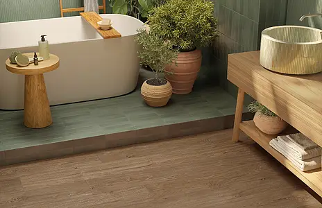 Background tile, Effect brick, Color green, Glazed porcelain stoneware, 6x24 cm, Finish matte