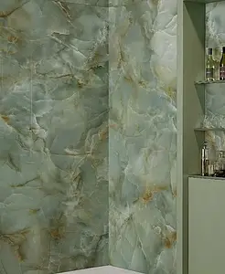 Background tile, Effect onyx, Color green, Unglazed porcelain stoneware, 120x278 cm, Finish polished