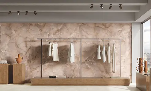 Background tile, Effect onyx, Color pink, Unglazed porcelain stoneware, 120x278 cm, Finish polished