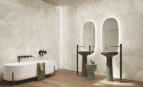Background tile, Effect onyx, Color white, Unglazed porcelain stoneware, 120x278 cm, Finish polished
