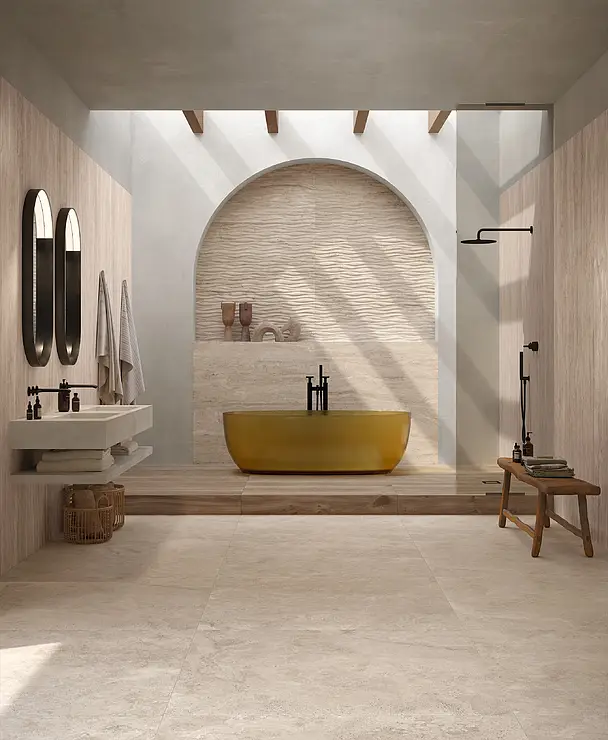 Background tile, Effect stone,travertine, Color beige, Unglazed porcelain stoneware, 120x278 cm, Finish antislip