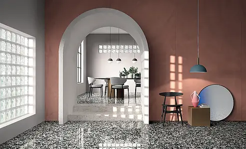 Background tile, Effect terrazzo, Color white, Unglazed porcelain stoneware, 120x120 cm, Finish polished