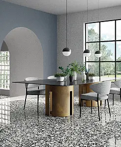 Background tile, Effect terrazzo, Color black & white, Unglazed porcelain stoneware, 120x120 cm, Finish polished