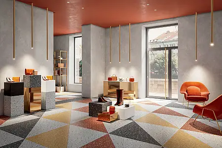 Grundflise, Effekt terrazzo, Farve rød, Uglaseret porcelænsstentøj, 120x120 cm, Overflade skridsikker