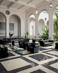 Grundflise, Effekt terrazzo, Farve sort, Uglaseret porcelænsstentøj, 30x30 cm, Overflade poleret