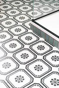 Background tile, Effect faux encaustic tiles, Color black & white, Glazed porcelain stoneware, 20x20 cm, Finish antislip