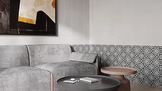 Background tile, Effect faux encaustic tiles, Color black & white, Glazed porcelain stoneware, 20x20 cm, Finish antislip