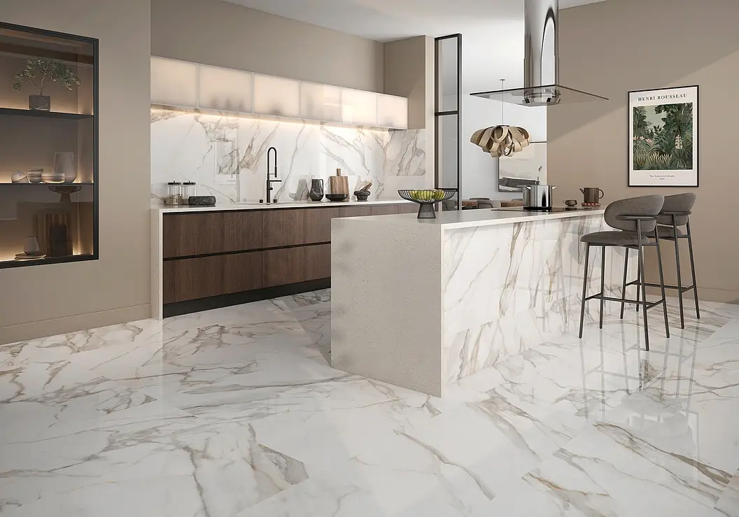 Background tile, Effect stone,calacatta, Color white, Glazed porcelain stoneware, 60x120 cm, Finish polished