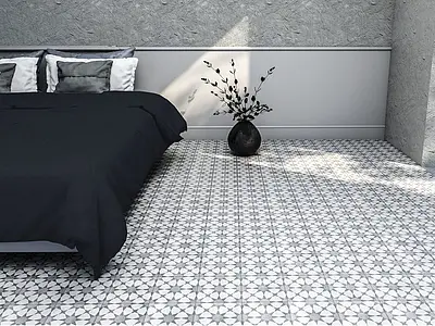 Background tile, Effect faux encaustic tiles, Color grey, Glazed porcelain stoneware, 22.3x22.3 cm, Finish antislip