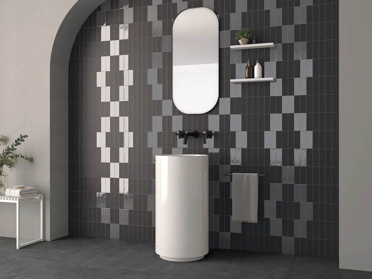 Background tile, Effect unicolor, Color black, Glazed porcelain stoneware, 4.8x14.6 cm, Finish glossy