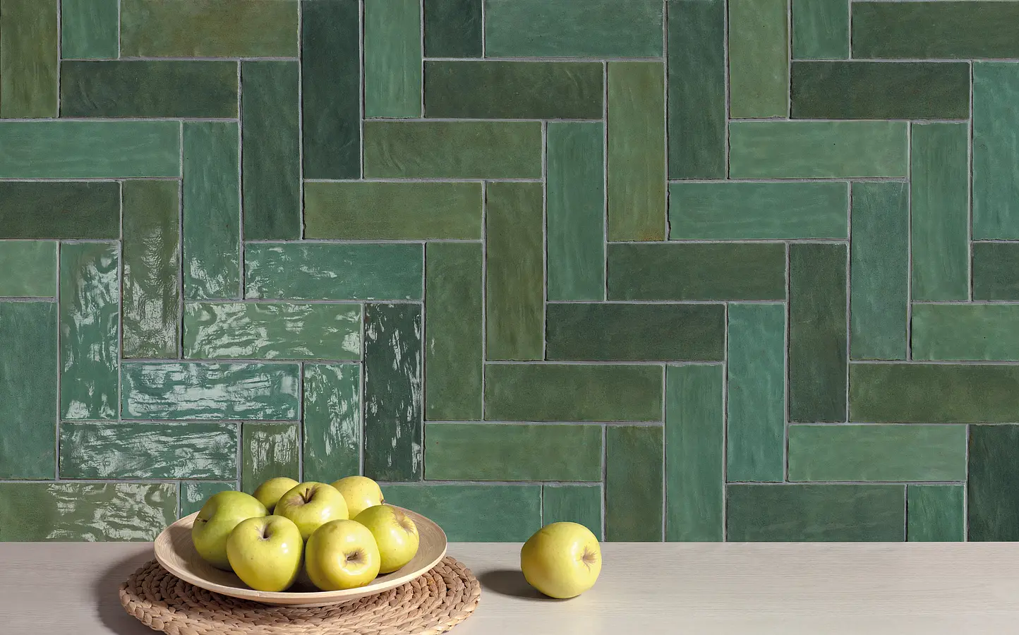 Background tile, Color green, Style zellige, Ceramics, 6.5x20 cm, Finish glossy