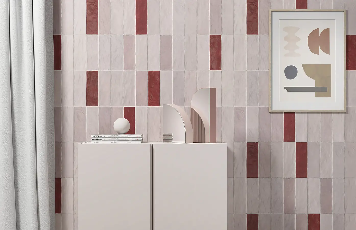 Background tile, Color red, Style zellige, Ceramics, 6.5x20 cm, Finish matte