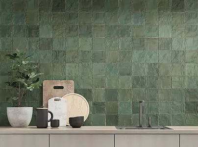 Background tile, Effect unicolor, Color green, Style handmade,zellige, Ceramics, 10x10 cm, Finish matte