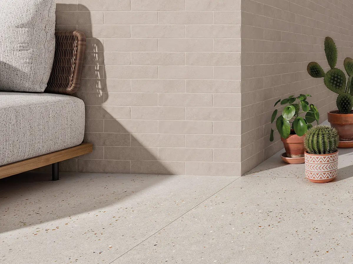 Background tile, Effect terrazzo, Color beige, Glazed porcelain stoneware, 90x90 cm, Finish antislip