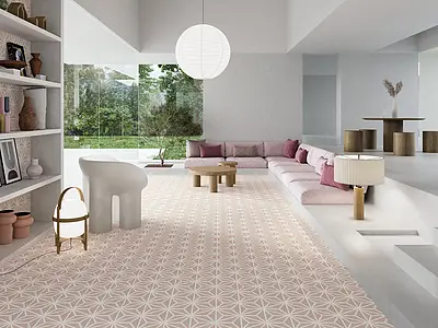 Effect faux encaustic tiles, Color pink, Background tile, Glazed porcelain stoneware, 19.8x22.8 cm, Finish antislip 