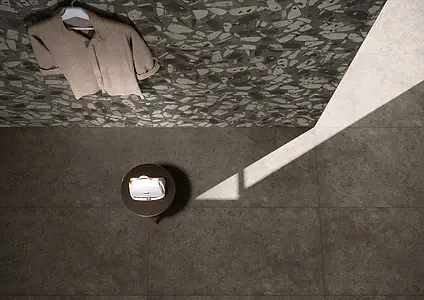 Grundflise, Effekt terrazzo, Farve grå,sort, Glaseret porcelænsstentøj, 60x120 cm, Overflade skridsikker