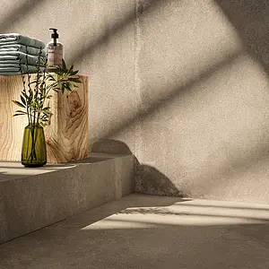 Grundflise, Effekt beton, Farve brun, Glaseret porcelænsstentøj, 120x260 cm, Overflade skridsikker