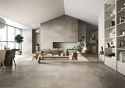 Grundflise, Effekt beton, Farve grå, Uglaseret porcelænsstentøj, 120x120 cm, Overflade skridsikker