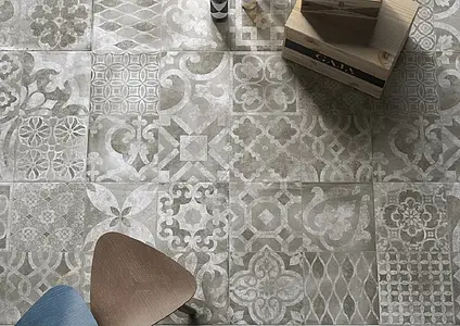 Effekt marokkanske fliser, Farve grå, Stil patchwork, Grundflise, Glaseret porcelænsstentøj, 60x60 cm, Overflade skridsikker