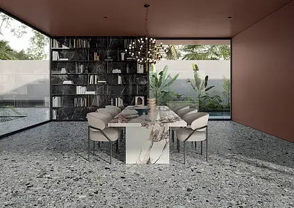 Effekt sten,terrazzo, Farve grå, Grundflise, Glaseret porcelænsstentøj, 120x280 cm, Overflade poleret
