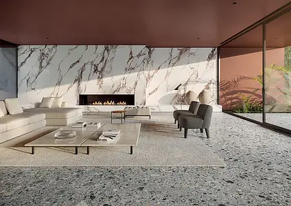 Bakgrunnsflis, Effekt stein,terrazzo, Farge grå, Glasert porselenssteintøy, 120x280 cm, Overflate polert