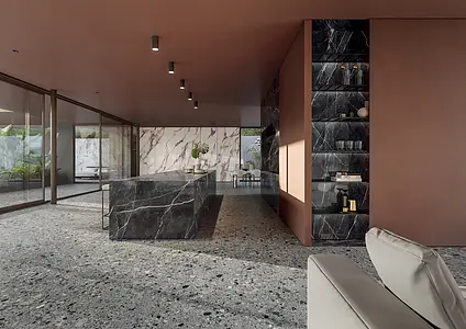 Basistegels, Effect steenlook,terrazzo look, Kleur grijze, Geglazuurde porseleinen steengoed, 120x280 cm, Oppervlak gepolijst