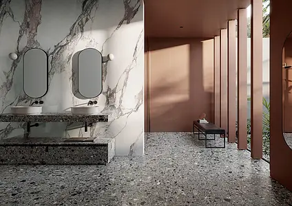 Bakgrunnsflis, Effekt stein,terrazzo, Farge grå, Glasert porselenssteintøy, 120x280 cm, Overflate polert