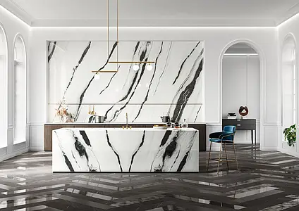 Grundflise, Effekt other marbles, Farve sort-hvid, Glaseret porcelænsstentøj, 160x320 cm, Overflade poleret
