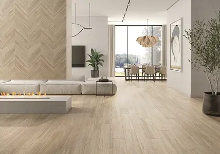 Azulejo base, Efecto madera, Color beige, Gres porcelánico esmaltado, 19.5x119.2 cm, Acabado mate