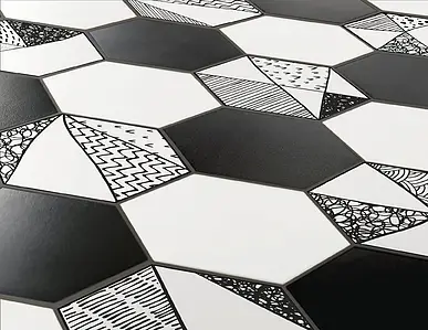 Background tile, Color black & white, Style patchwork, Glazed porcelain stoneware, 23x27 cm, Finish matte