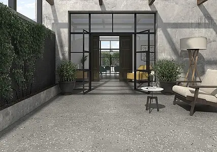 Grundflise, Effekt terrazzo, Farve grå, Glaseret porcelænsstentøj, 75x75 cm, Overflade skridsikker