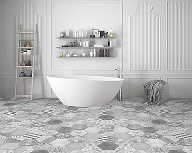 Grundflise, Effekt marokkanske fliser,beton, Farve grå, Stil patchwork, Glaseret porcelænsstentøj, 23x27 cm, Overflade mat