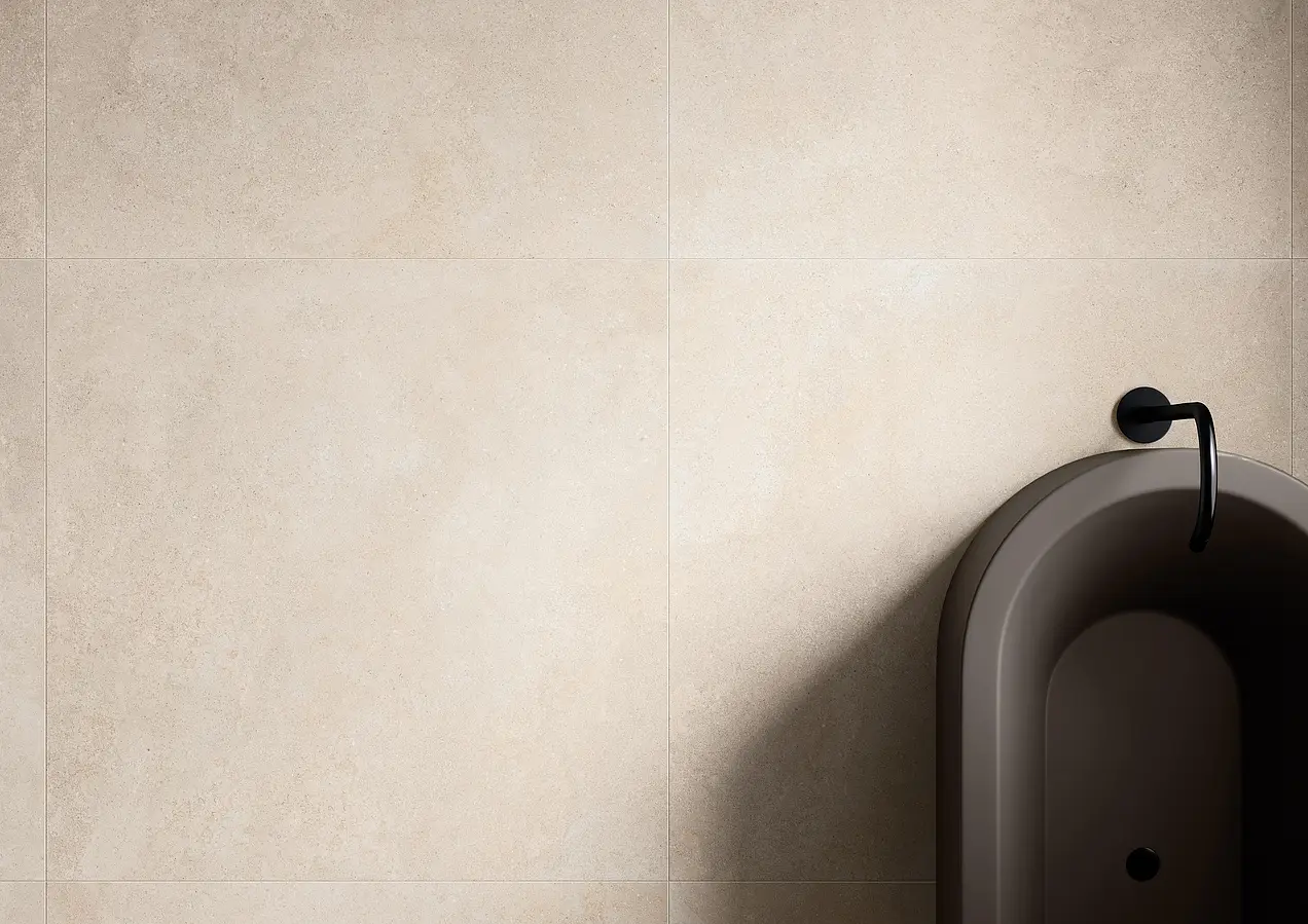 Background tile, Effect limestone, Color beige, Unglazed porcelain stoneware, 119.5x119.5 cm, Finish matte
