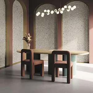 Background tile, Effect terrazzo, Color grey, Unglazed porcelain stoneware, 119.5x278 cm, Finish matte