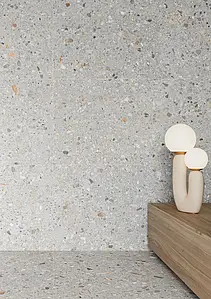 Grundflise, Effekt terrazzo, Farve grå, Uglaseret porcelænsstentøj, 60x120 cm, Overflade mat