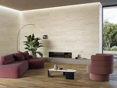 Background tile, Effect travertine, Color beige, Unglazed porcelain stoneware, 60x120 cm, Finish Honed