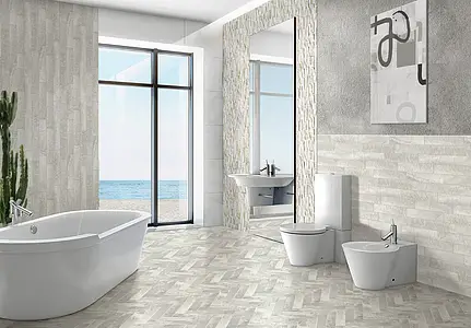 Background tile, Effect other stones, Color white, Glazed porcelain stoneware, 7.5x38.5 cm, Finish antislip