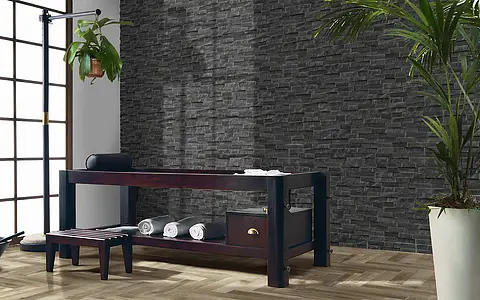 Background tile, Effect other stones, Color black, Glazed porcelain stoneware, 7.5x38.5 cm, Finish antislip