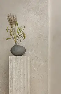Piastrella di fondo, Effetto travertino, Colore beige,grigio, Gres porcellanato non smaltato, 120x280 cm, Superficie antiscivolo