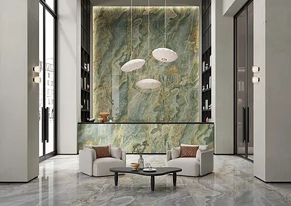 Background tile, Effect onyx, Color green, Unglazed porcelain stoneware, 120x120 cm, Finish polished